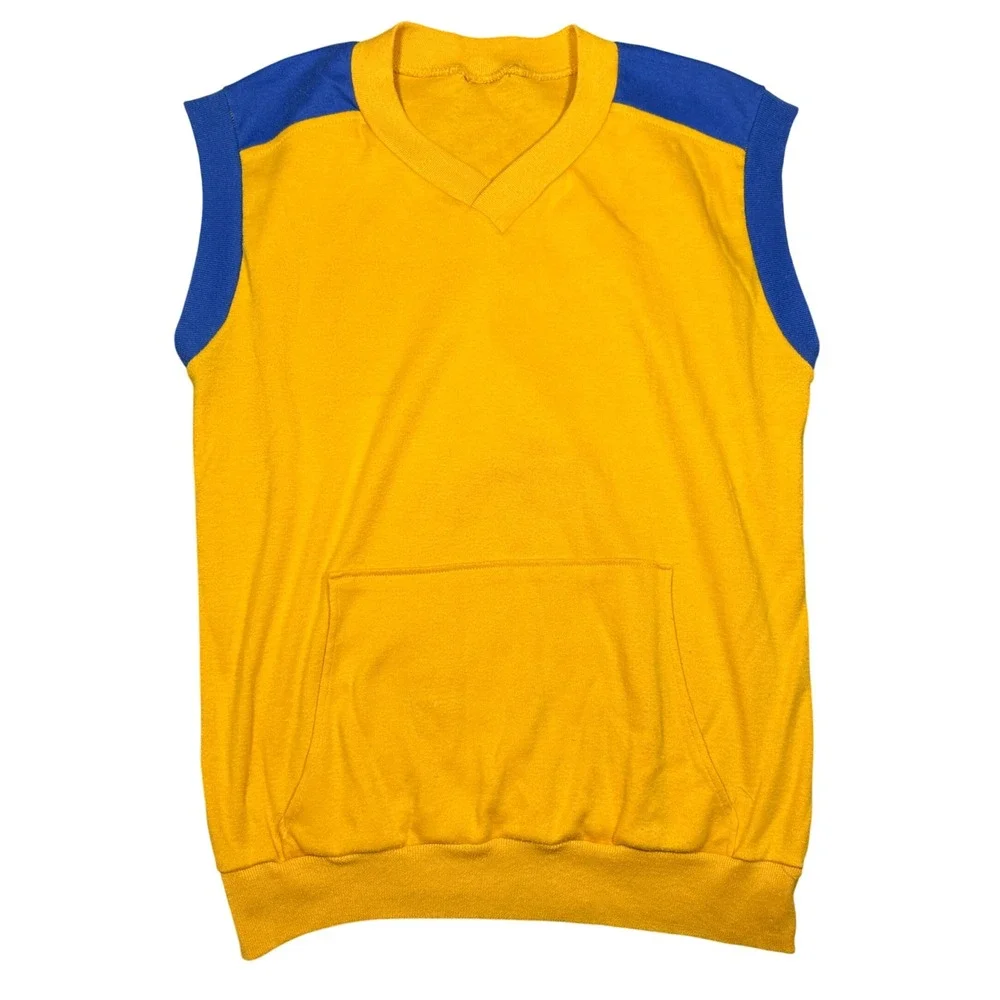 Vintage 80s Sleeveless Sweatshirt Vest Yellow Blue V-Neck Kangaroo Pocket Mens L